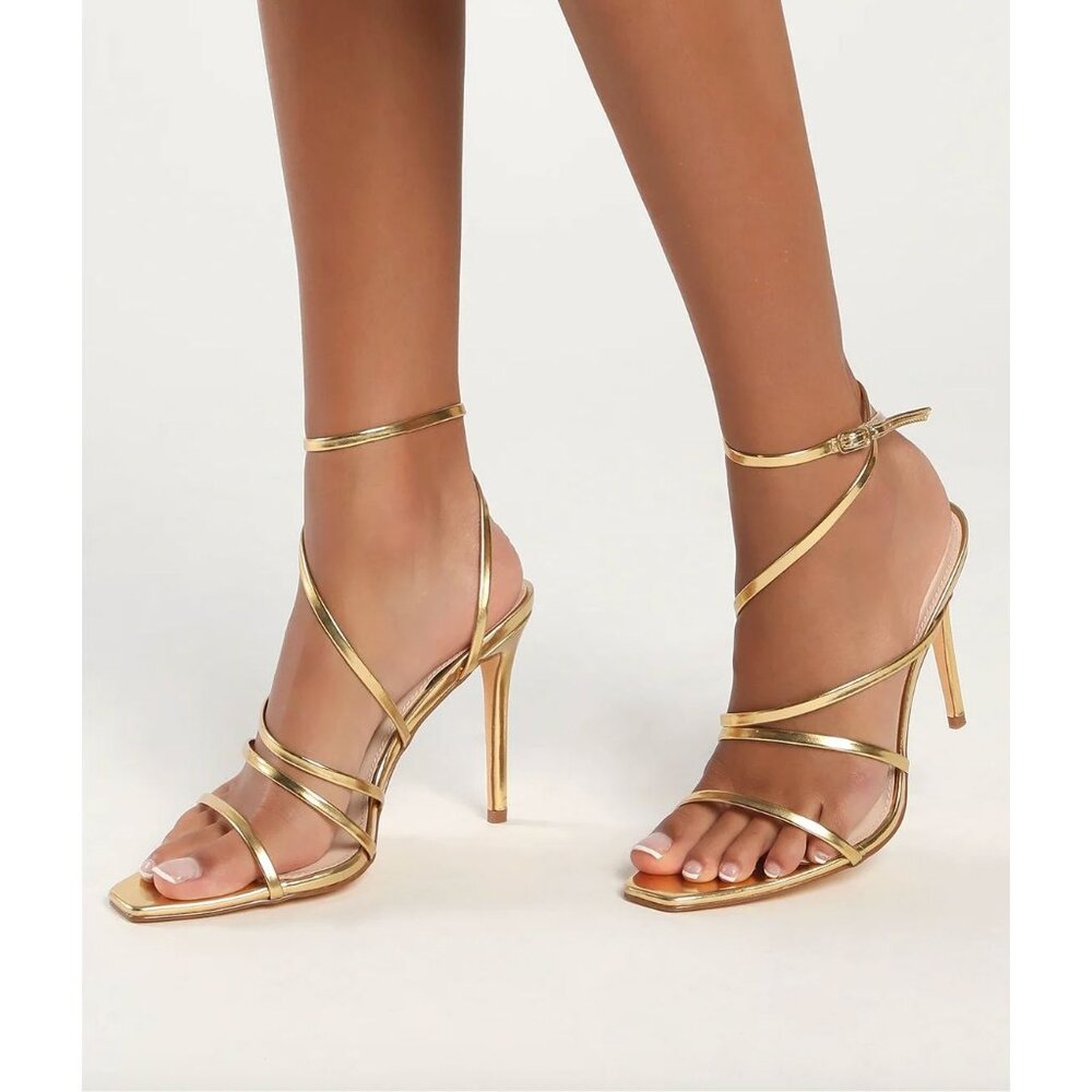 NEW Lulus SZ 9 Gold Sanga Strappy Square Toe Stiletto High Heels Tie Up Metallic